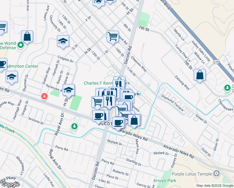 map of restaurants, bars, coffee shops, grocery stores, and more near 1601 Decoto Road in Union City