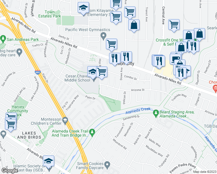 map of restaurants, bars, coffee shops, grocery stores, and more near 33029 Arizona Street in Union City
