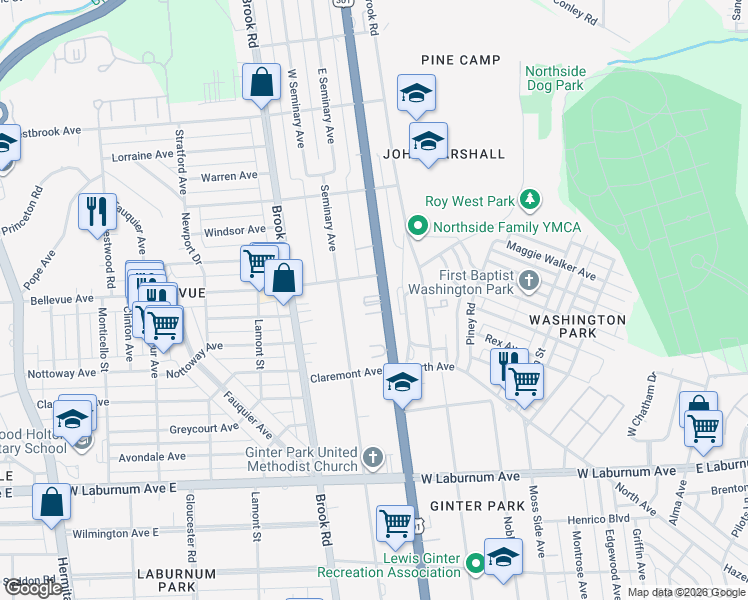 map of restaurants, bars, coffee shops, grocery stores, and more near 3913 Seminary Avenue in Richmond