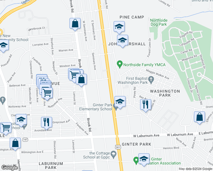 map of restaurants, bars, coffee shops, grocery stores, and more near 3913 Seminary Avenue in Richmond