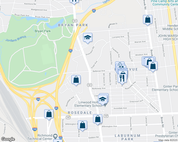 map of restaurants, bars, coffee shops, grocery stores, and more near 4102 Hermitage Road in Richmond