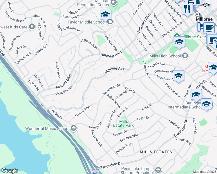 map of restaurants, bars, coffee shops, grocery stores, and more near 1285 Murchison Drive in Millbrae