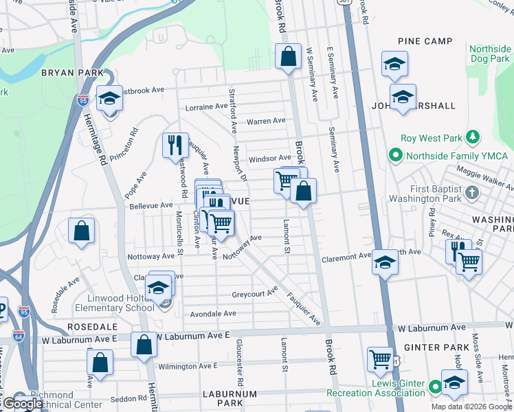map of restaurants, bars, coffee shops, grocery stores, and more near 1324 Amherst Avenue in Richmond