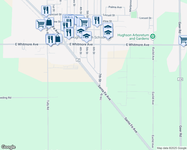 map of restaurants, bars, coffee shops, grocery stores, and more near 3000 Santa Fe Avenue in Hughson
