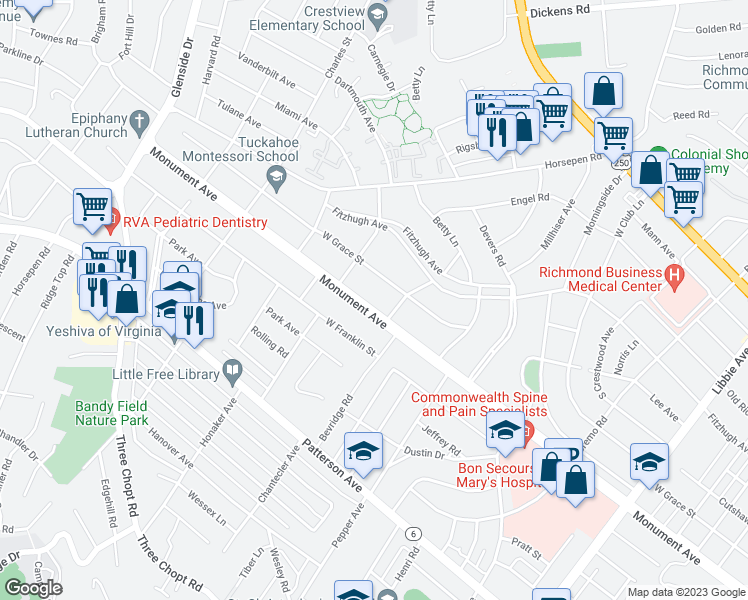 map of restaurants, bars, coffee shops, grocery stores, and more near 6506 Monument Avenue in Richmond