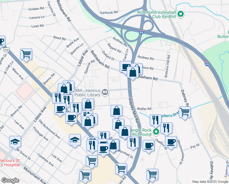 map of restaurants, bars, coffee shops, grocery stores, and more near 5001 Libbie Mill East Boulevard in Richmond