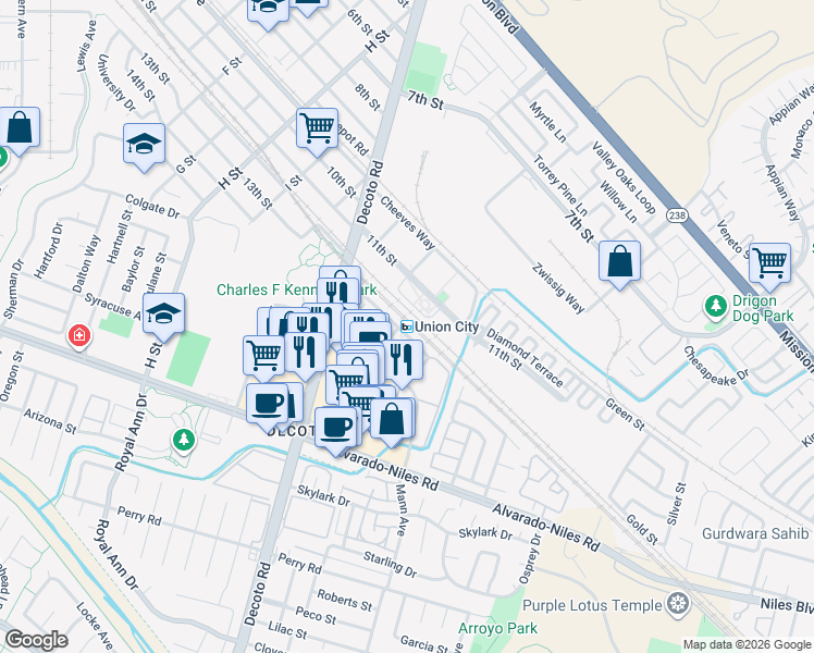 map of restaurants, bars, coffee shops, grocery stores, and more near 10 Union Square in Union City