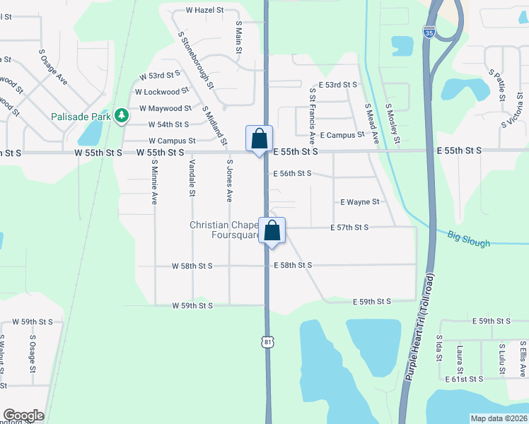map of restaurants, bars, coffee shops, grocery stores, and more near 5738 S Broadway St in Wichita
