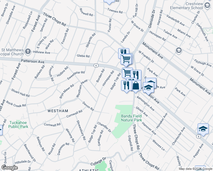 map of restaurants, bars, coffee shops, grocery stores, and more near 1003 Horsepen Road in Richmond