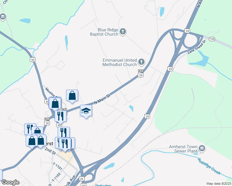map of restaurants, bars, coffee shops, grocery stores, and more near 294 North Main Street in Amherst
