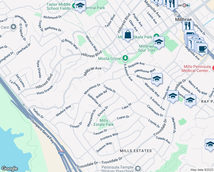map of restaurants, bars, coffee shops, grocery stores, and more near 1205 Roble Road in Millbrae