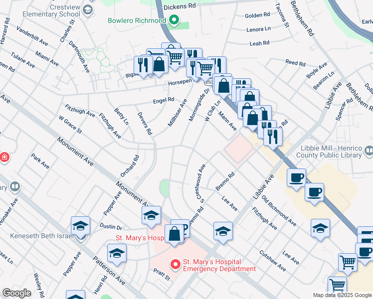 map of restaurants, bars, coffee shops, grocery stores, and more near 6101 West Club Lane in Richmond