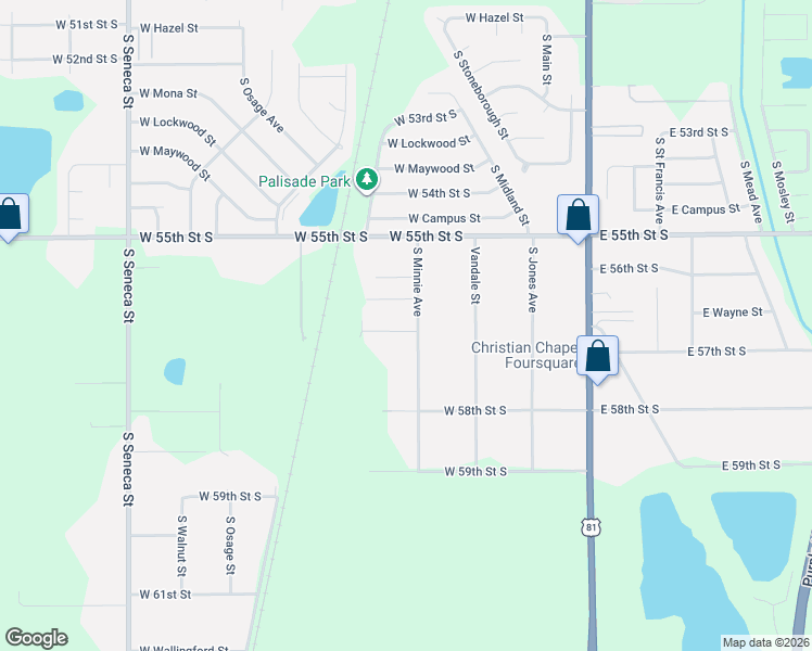 map of restaurants, bars, coffee shops, grocery stores, and more near 5751 Minnie Street in Wichita