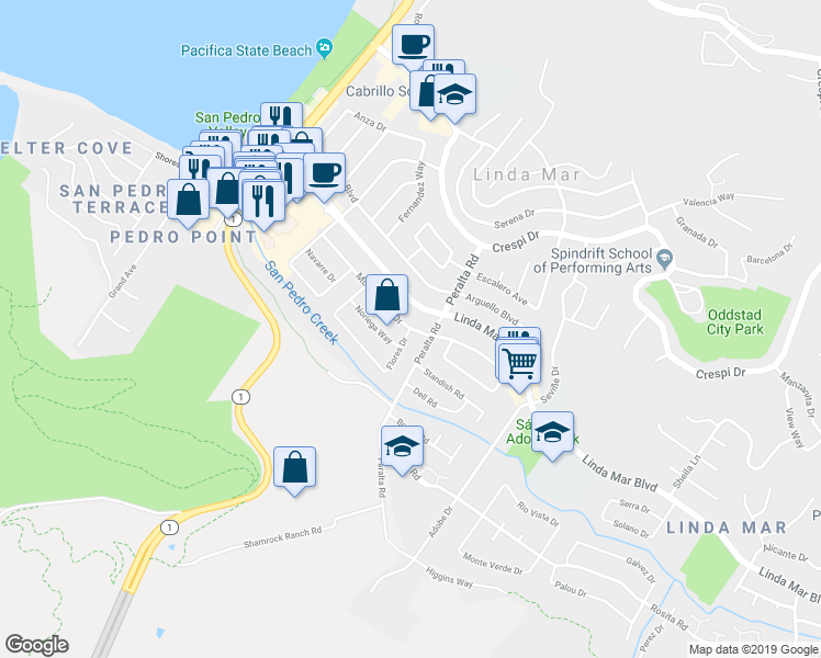 map of restaurants, bars, coffee shops, grocery stores, and more near 2830 Flores Drive in Pacifica