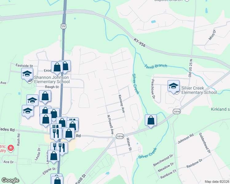 map of restaurants, bars, coffee shops, grocery stores, and more near 211 Brown Street in Berea