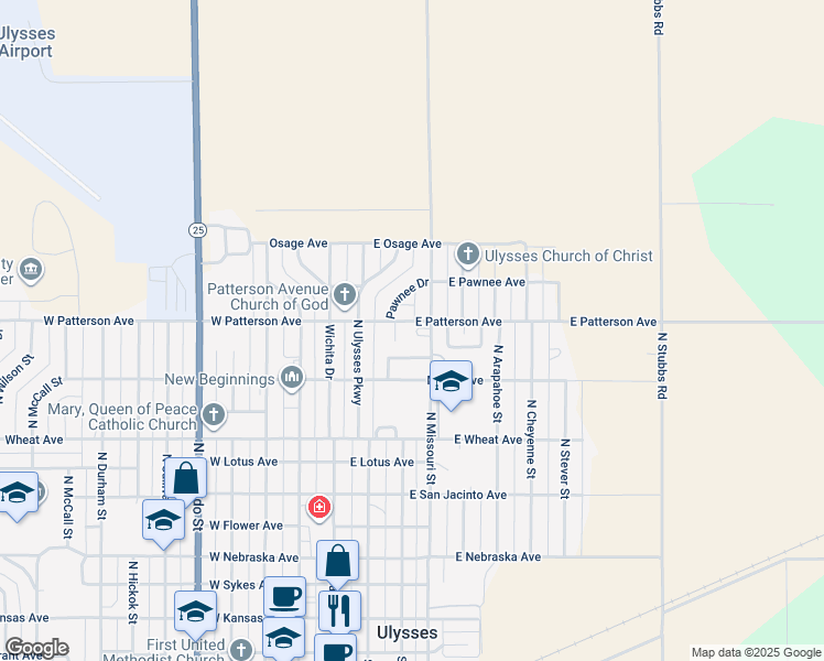 map of restaurants, bars, coffee shops, grocery stores, and more near 945 North Missouri Street in Ulysses