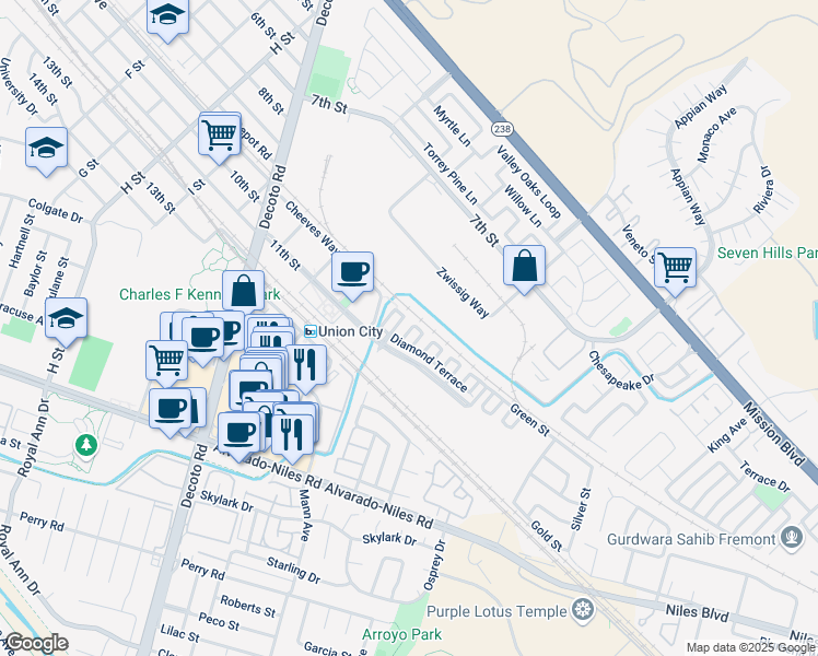 map of restaurants, bars, coffee shops, grocery stores, and more near 1021 Carnelian Terrace in Union City
