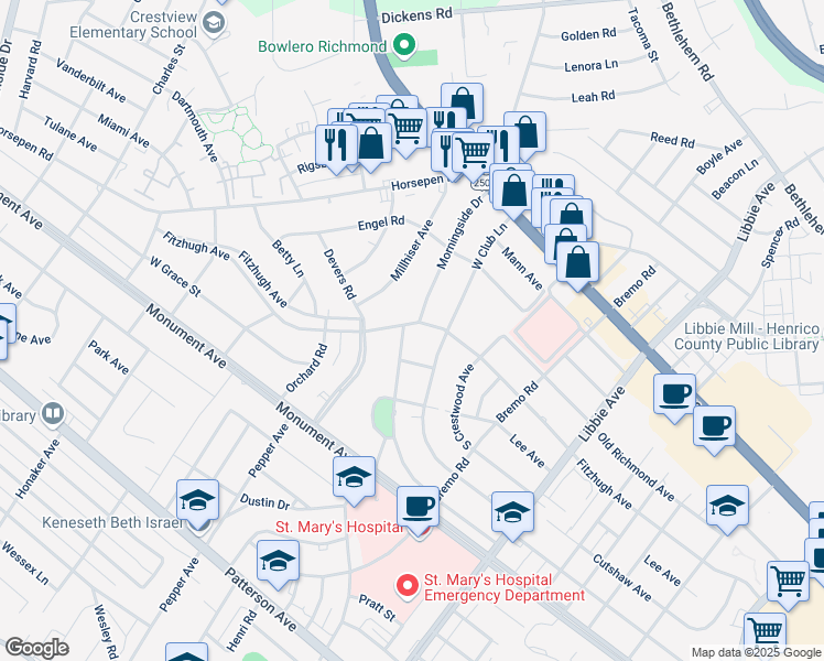 map of restaurants, bars, coffee shops, grocery stores, and more near 6108 Morningside Drive in Richmond
