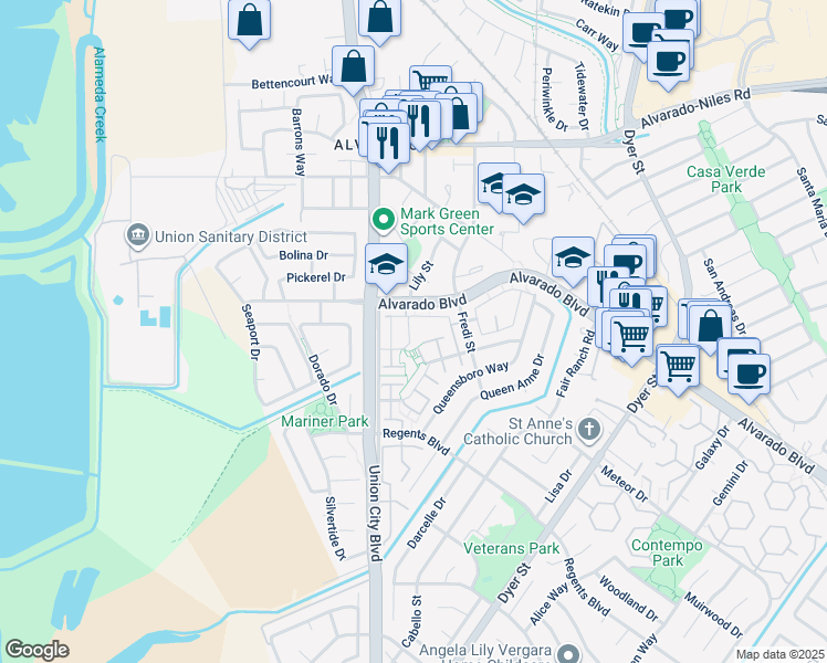 map of restaurants, bars, coffee shops, grocery stores, and more near 4322 Solano Way in Union City