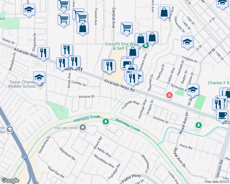 map of restaurants, bars, coffee shops, grocery stores, and more near 2555 Copa Del Oro Drive in Union City