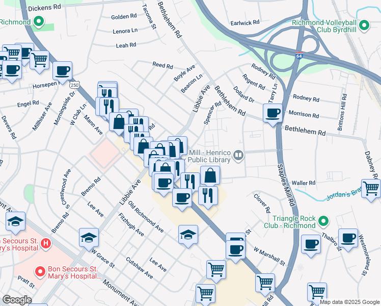 map of restaurants, bars, coffee shops, grocery stores, and more near 5435 Libbie Mill West Boulevard in Richmond