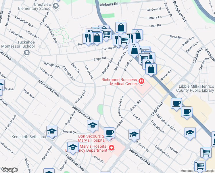 map of restaurants, bars, coffee shops, grocery stores, and more near 6108 Morningside Drive in Richmond
