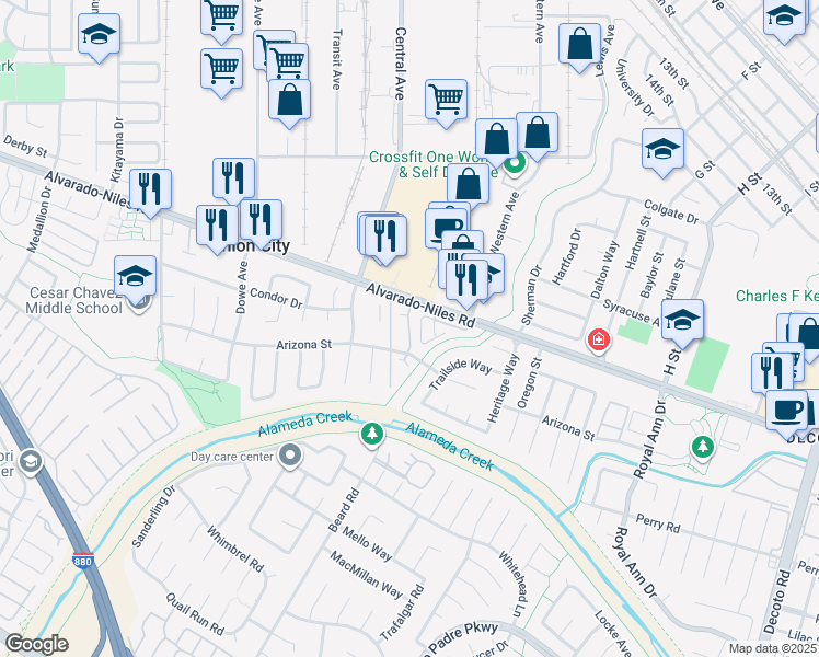 map of restaurants, bars, coffee shops, grocery stores, and more near 2555 Copa Del Oro Drive in Union City