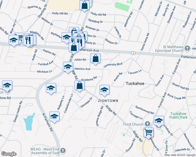 map of restaurants, bars, coffee shops, grocery stores, and more near 8503 Academy Road in Richmond