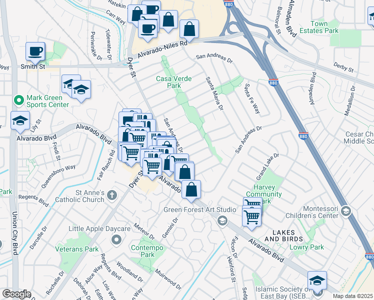 map of restaurants, bars, coffee shops, grocery stores, and more near 3270 Santa Sophia Way in Union City