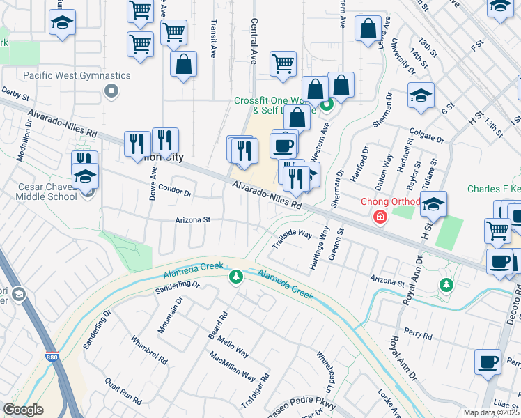 map of restaurants, bars, coffee shops, grocery stores, and more near 33465 Alvarado-Niles Road in Union City