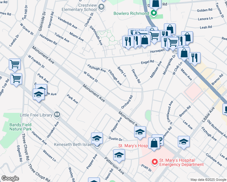 map of restaurants, bars, coffee shops, grocery stores, and more near 6424 West Grace Street in Richmond