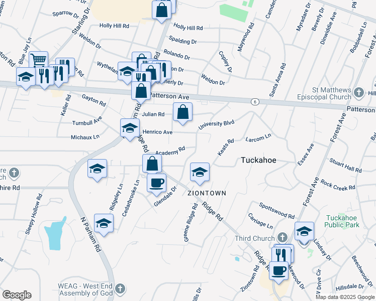 map of restaurants, bars, coffee shops, grocery stores, and more near 8503 Academy Road in Richmond