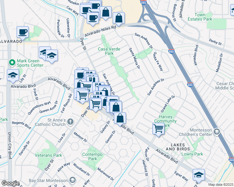 map of restaurants, bars, coffee shops, grocery stores, and more near 3270 Santa Sophia Way in Union City