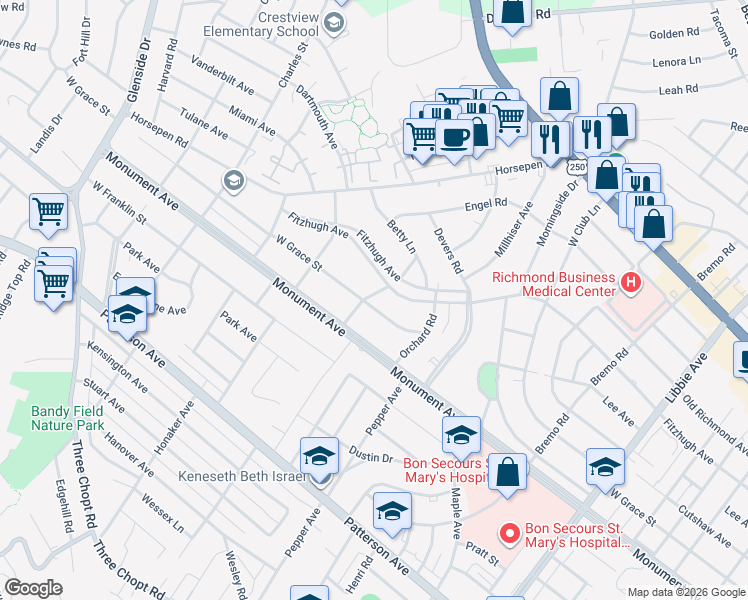 map of restaurants, bars, coffee shops, grocery stores, and more near 6501 Fitzhugh Avenue in Richmond