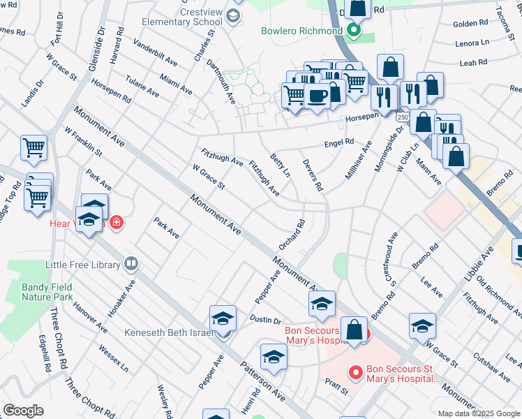 map of restaurants, bars, coffee shops, grocery stores, and more near 6424 W Grace St in Richmond