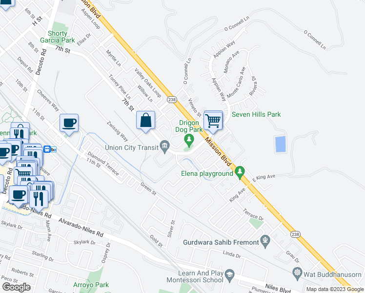 map of restaurants, bars, coffee shops, grocery stores, and more near 120 Mahogany Lane in Union City