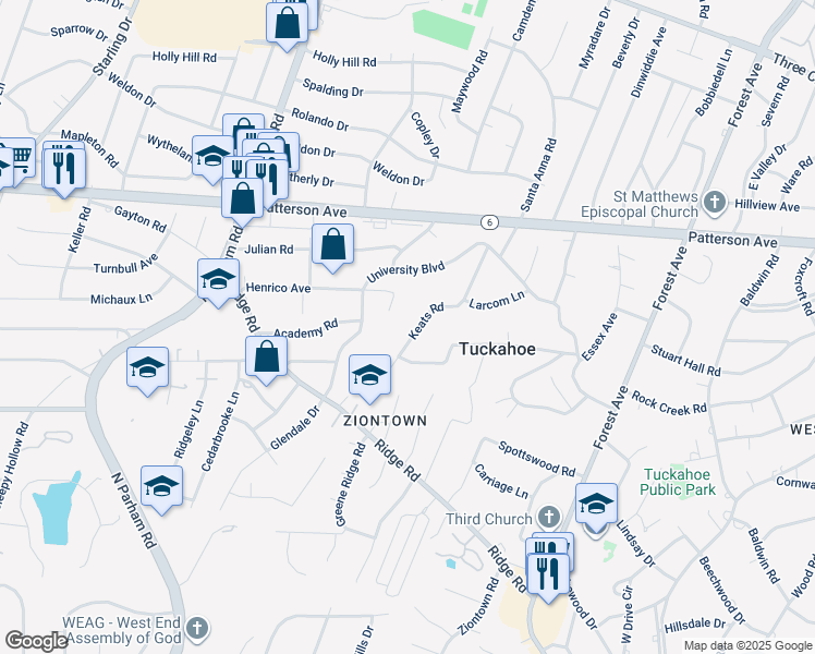 map of restaurants, bars, coffee shops, grocery stores, and more near 706 Keats Road in Richmond