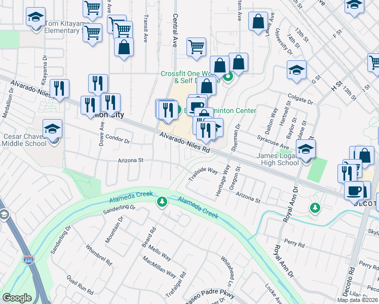 map of restaurants, bars, coffee shops, grocery stores, and more near 33465 Alvarado-Niles Road in Union City