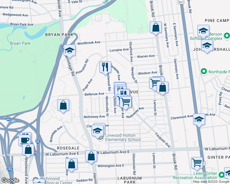 map of restaurants, bars, coffee shops, grocery stores, and more near 4103 Crestwood Road in Richmond