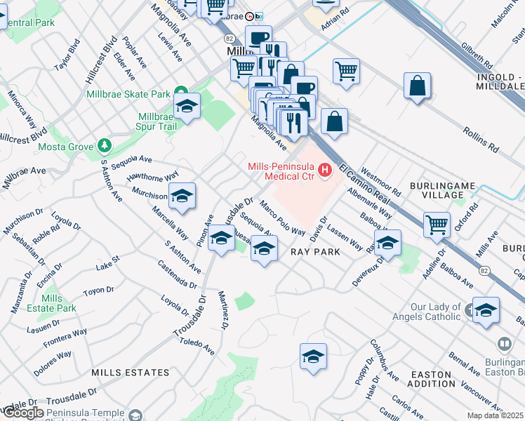 map of restaurants, bars, coffee shops, grocery stores, and more near 1875 Trousdale Drive in Burlingame