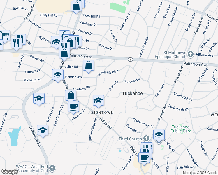 map of restaurants, bars, coffee shops, grocery stores, and more near 706 Keats Road in Richmond