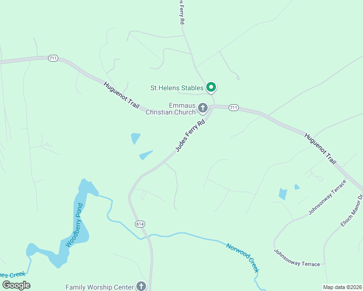 map of restaurants, bars, coffee shops, grocery stores, and more near 3072 Jude's Ferry Road in Powhatan