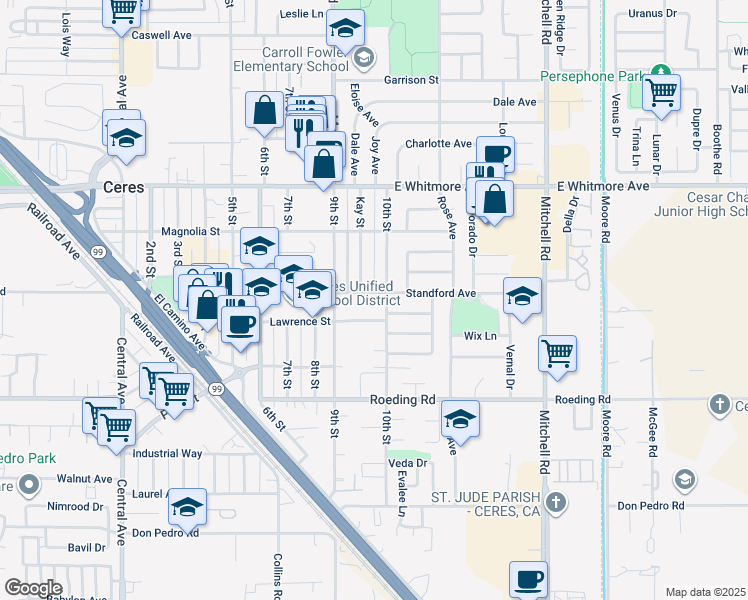 map of restaurants, bars, coffee shops, grocery stores, and more near 3001 10th Street in Ceres