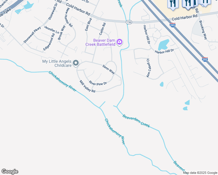 map of restaurants, bars, coffee shops, grocery stores, and more near 7064 Mill Valley Road in Mechanicsville