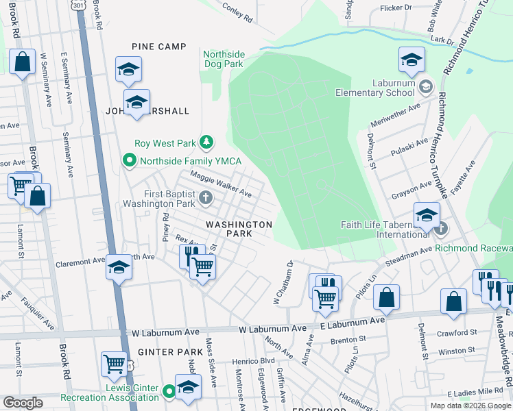 map of restaurants, bars, coffee shops, grocery stores, and more near 500 1/2 Maggie Walker Avenue in Richmond