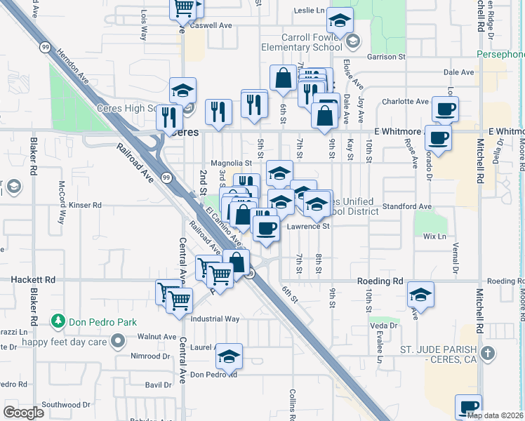 map of restaurants, bars, coffee shops, grocery stores, and more near 2905 5th Street in Ceres