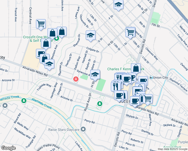 map of restaurants, bars, coffee shops, grocery stores, and more near 1865 H Street in Union City