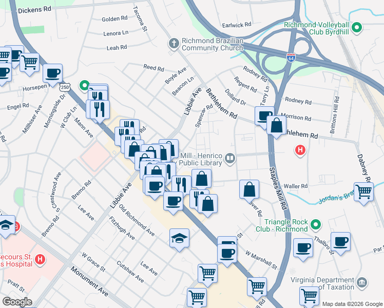 map of restaurants, bars, coffee shops, grocery stores, and more near 2300-2322 Lacy Ln in Richmond