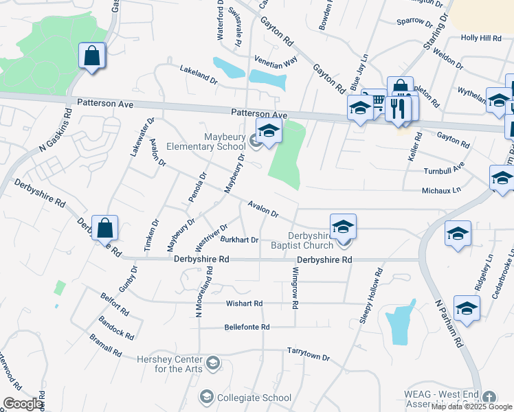 map of restaurants, bars, coffee shops, grocery stores, and more near 9104 Avalon Drive in Henrico