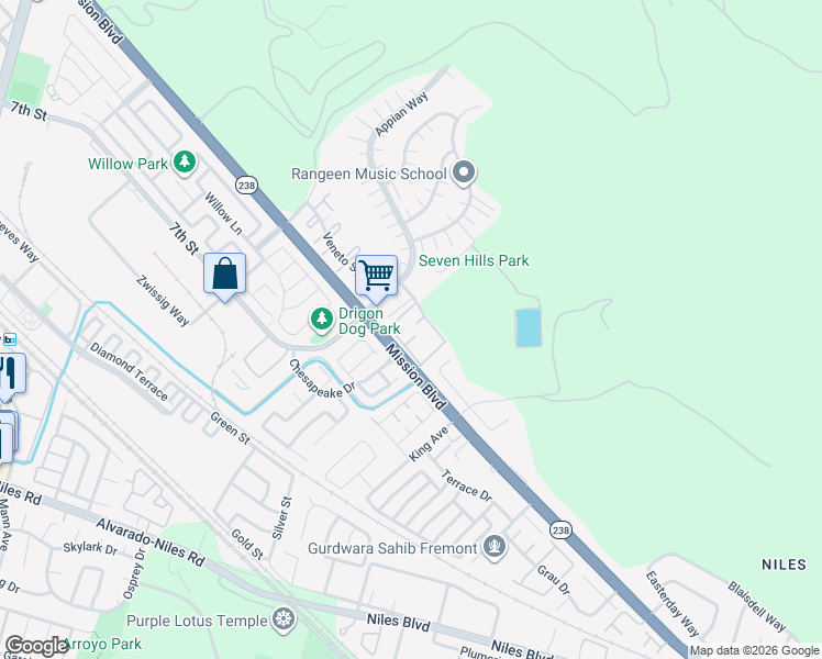 map of restaurants, bars, coffee shops, grocery stores, and more near 34864 Mission Boulevard in Union City